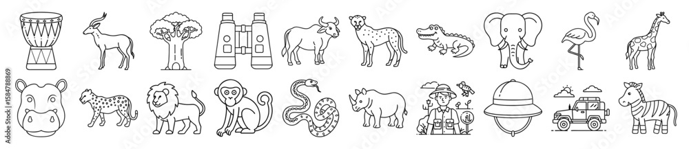 Fototapeta premium African Safari Wildlife and Adventure Outline Vector Icon Set