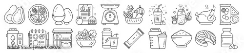 Healthy Eating, Nutrition, and Diet Outline Vector Icon Set - representing healthy eating, nutrition, meal preparation, and dietary concepts