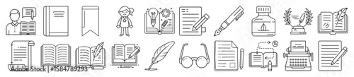 Literature, Writing, and Classic Education Outline Vector Icon Set - representing literature, writing, storytelling, and classic education. Ideal for authors, publishers, libraries, and educational
