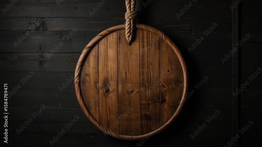 Fototapeta premium A rustic, circular wooden cutting board suspended by a rope against a dark wood background.