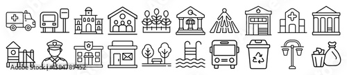 Public Services, Municipal Buildings, and Community Infrastructure Outline Vector Icon Set - representing various public services, municipal buildings, and community infrastructure