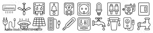 Home Electrical, Plumbing, and Energy Systems Outline Vector Icon Set - representing home electrical systems, plumbing, and energy solutions. Ideal for smart home applications, utility services,
