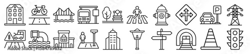 Urban Infrastructure, City Elements, and Public Services Outline Vector Icon Set - representing urban infrastructure, city elements, transportation, and public services