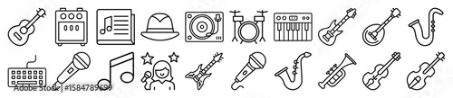 Diverse Musical Instruments and Audio Equipment Outline Vector Icon Set