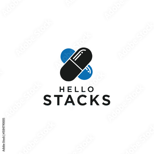 Health & Wellness Supplement Stack Logo: Black Capsule & Blue Atom/Molecule Cross for Vitamins, Nootropics, Fitness, Pharmacy, and Nutrition Products