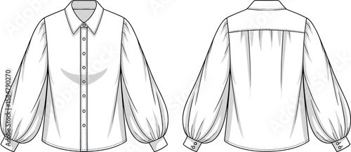 Fashion blouse flat sketch, puff sleeve shirt design, button-up front view, technical cad drawing, garment template, vector illustration