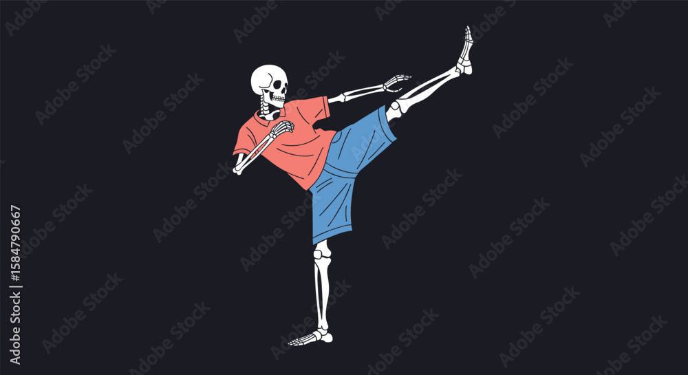 Obraz premium Skeletal Warrior Performing Dynamic High Kick Demonstrating Martial Arts Prowess and Energetic Movement on a Dark Background