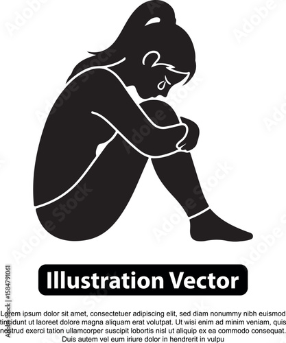 Silhouette of a woman sitting, hugging her knees and crying, expressing sadness.
