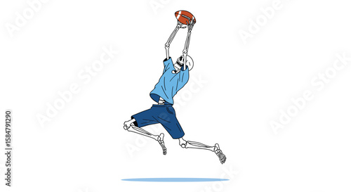 Skeleton player performs a powerful slam dunk with incredible athleticism in a dynamic basketball game illustration
