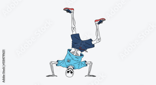 Energetic Skeleton Character Performing an Impressive Handstand During a Dynamic Breakdance Routine on a Plain Background