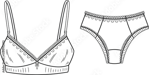 Lingerie vector illustration, front view bra and panty set, lace detail, fashion CAD sketch, undergarment flat design template