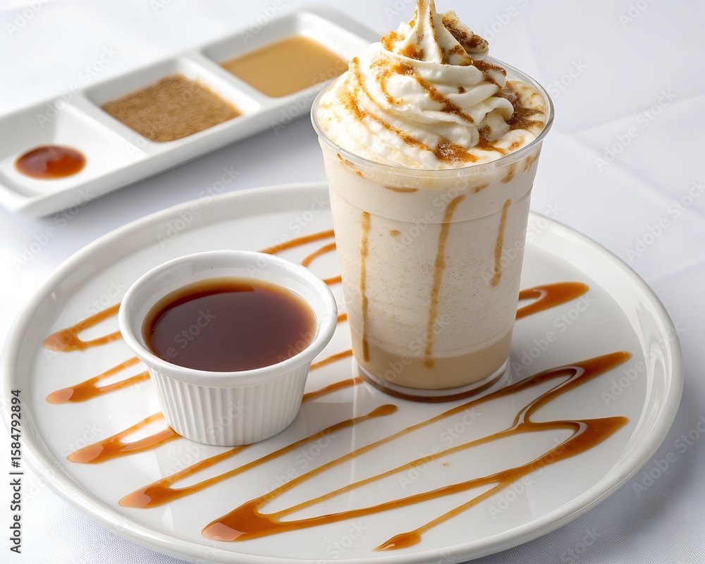 Dulce de leche milkshake served on plate with extra caramel in white clean setting Dulce de leche milkshake served on plate with extra caramel in white clean setting