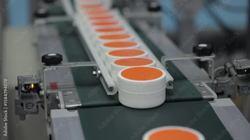 Orange-capped plastic jars with cosmetic cream traveling in a row on an automated conveyor belt in a factory setting, illustrating packaging process in industrial production. Orange-capped plastic jars with cosmetic cream traveling in a row on an automated conveyor belt in a factory setting, illustrating packaging process in industrial production.