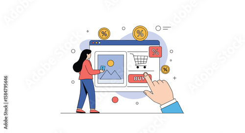 Customer browsing online store interface interacting with shopping cart and payment options on digital device screen