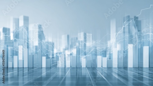 Abstract city skyline with graph bars representing data trends and financial growth in a modern environment.