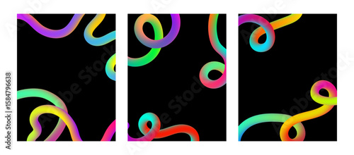 Abstract Gradient wavy shaped poster template with copy space. Neon lines on dark background Set. Bright Colorful rainbow wave. Fluid vivid elements for cover flyer card.
