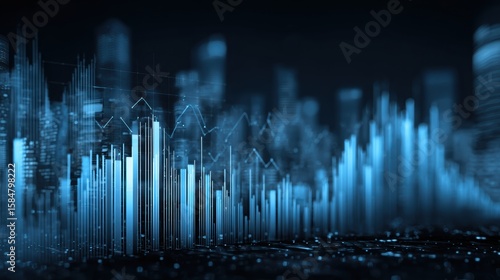 Abstract financial data visualization with blue gradient and futuristic skyline background.