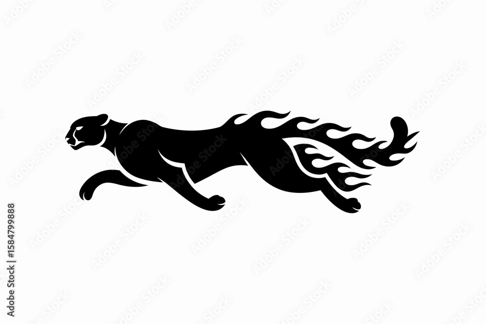 Obraz premium Black panther silhouette running with flames emanating from its body on a white background.