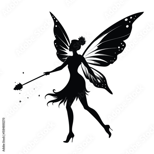 Elegant silhouette of a fairy with delicate wings and a magic wand evoking fantasy and enchantment