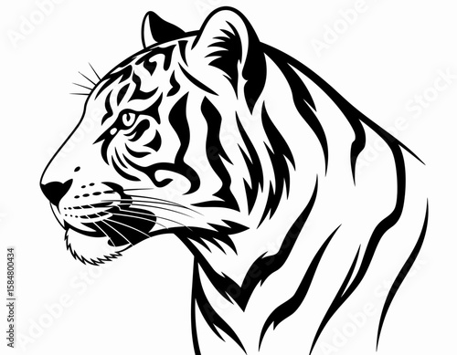 A striking black and white illustration of a tiger's head in profile, showcasing its distinctive stripes and powerful features.