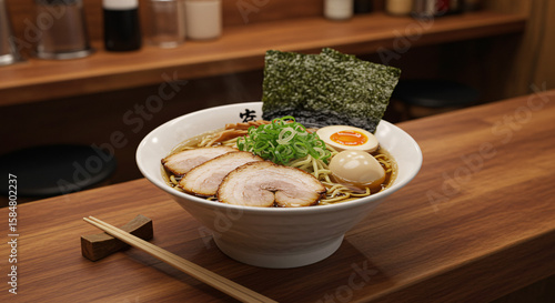 A bowl of Japanese ramen with pork slices, seaweed, green onions, and a soft-boiled egg sits on a wooden counter next to chopsticks.