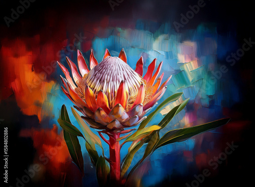 Vibrant king protea flower in full bloom, set against a dramatic, colorful abstract background.  The rich hues and painterly style create a striking image.