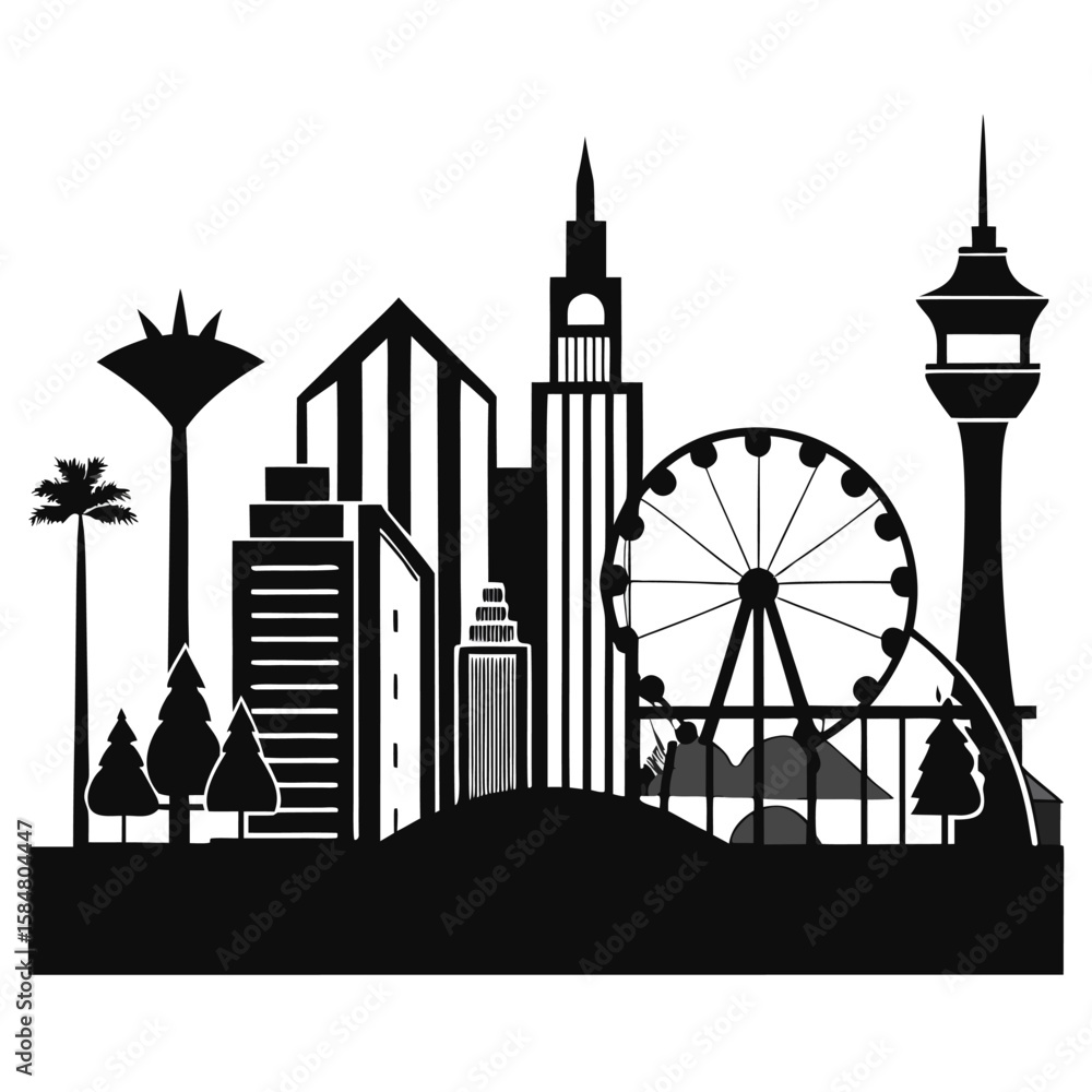 Fototapeta premium A stylized black and white silhouette of a vibrant city skyline featuring iconic landmarks like a Ferris wheel and tall skyscrapers evoking a sense of urban energy and entertainment