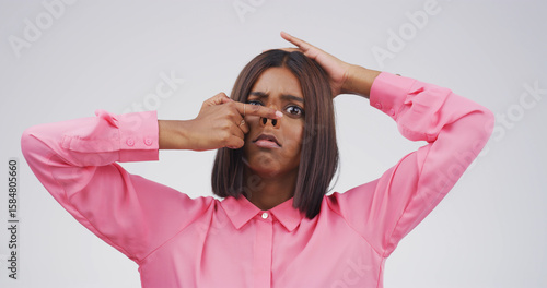 Foto Nose, silly and portrait of woman in studio with funny face for emoji, comedy and playful humor