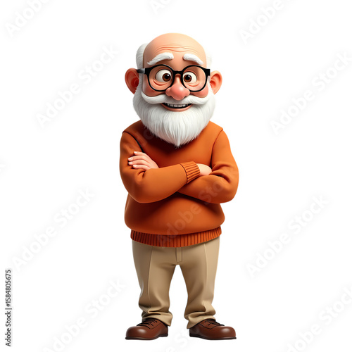 3d Cartoon old man with beard and glasses standing smiling isolated on transparent background