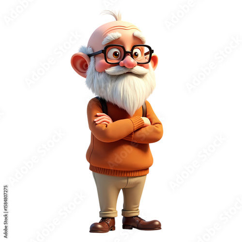 3d Cartoon old man with beard and glasses standing smiling isolated on transparent background