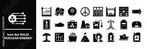 Solid Icon Set Depicting Nuclear Energy and Related Elements.