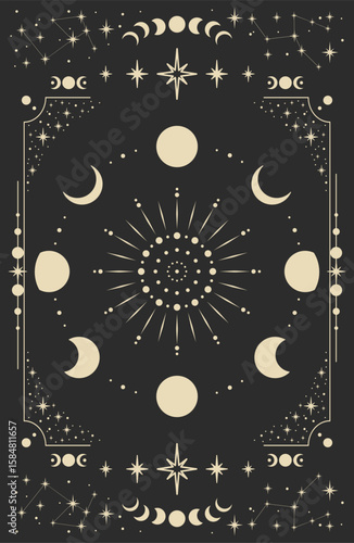Magical background for astrology, tarot. Black postcard with a frame in a bohemian design, moon phases stars, copy space. Magic vector illustration