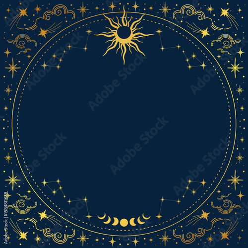 Vector gold frame with sun, stars, crescents and a copy space. Banner with an elegant border and a place for text