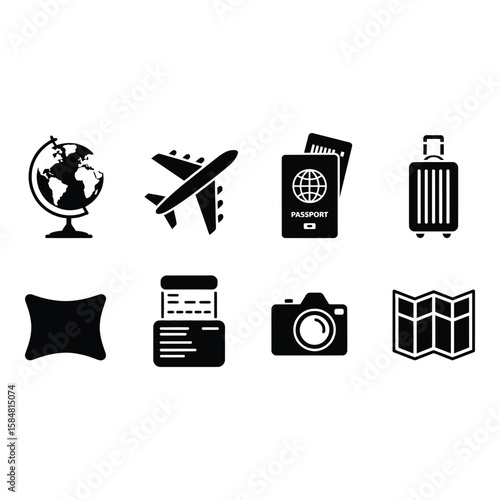 Collection of travel icons including a globe airplane passport suitcase pillow boarding pass camera and map silhouette isolated on white background