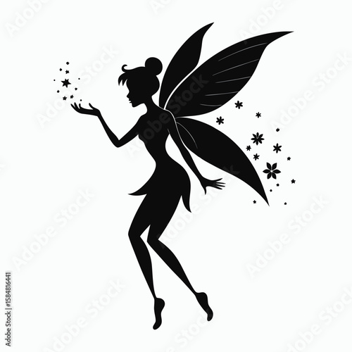 Enchanting silhouette of a fairy with delicate wings releasing a trail of sparkling stars and magical dust