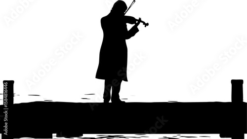 Silhouette of a musician playing violin on a pier against a white background in a simple black and white scene