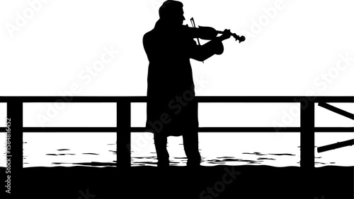 Silhouette of a violinist playing on a pier overlooking water with a white background and black foreground