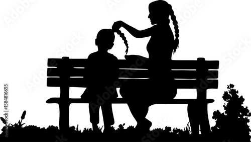 Silhouette of a mother braiding her daughter's hair while sitting on a park bench surrounded by nature
