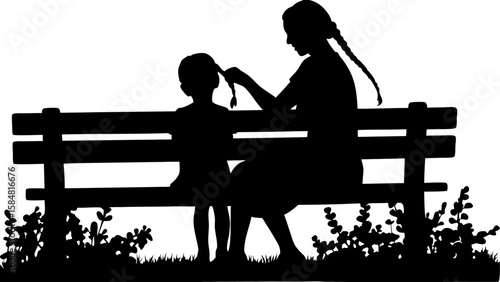 Silhouette of woman braiding child's hair on park bench surrounded by plants and grass in monochrome style