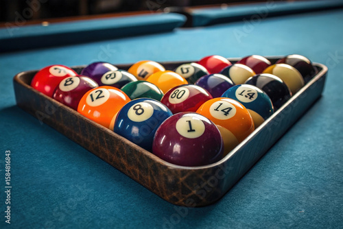 Close Up of Billiard Balls Arranged in Triangle on Blue Felt Table Ready for Game Break Shot