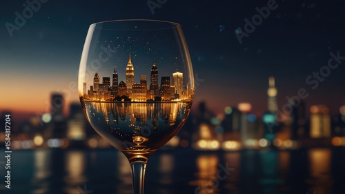A wine glass reflects the New York City skyline at night, with blurred city lights in the background.