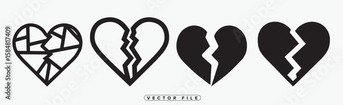 Two Broken Heart Icons in Black and White Vector Illustration
