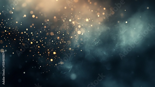 Abstract Dark Blue Background with Gold Sparkles and Glowing Particles