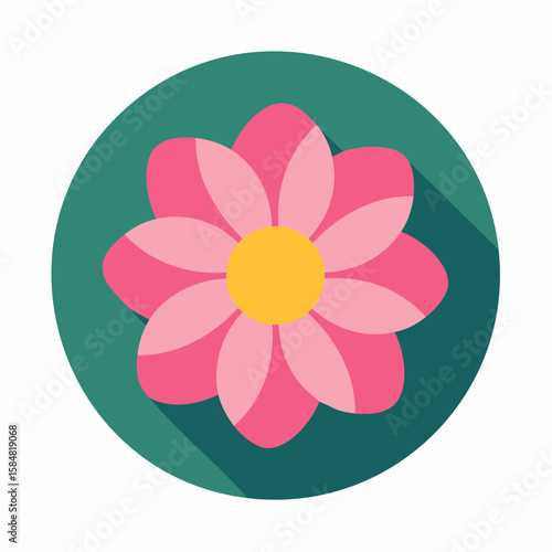 Flat pink flower with yellow center on green background in bold abstract vector style.