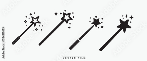 Magic Wand Icon Set with Stars Wizardry and Fantasy Elements