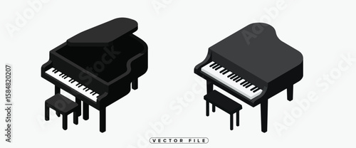 Isometric Grand Piano and Upright Piano Illustration on White Background