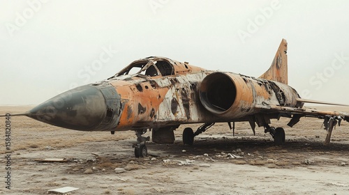 Burned Military Airplane Wreckage in a Desert