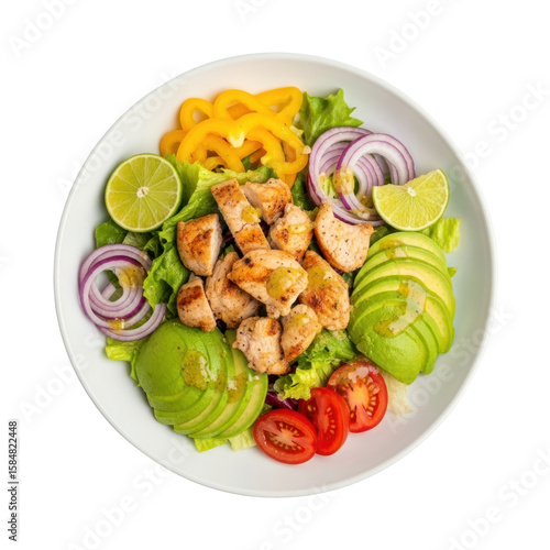 Wallpaper Mural Overhead View of a Gourmet Chicken Salad with Fresh Avocado Slices Red Tomatoes and Colorful Bell Peppers on White Plate and Transparent Background Torontodigital.ca