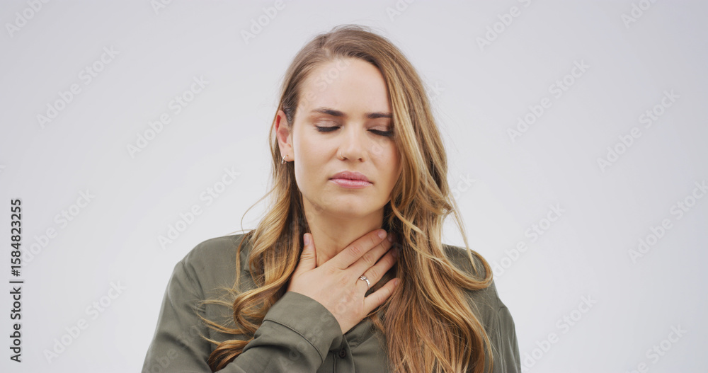Fototapeta premium Health, sick and woman with sore throat in studio from viral infection, discomfort and acid reflux. Mockup space, person and swollen gland on white background with swallow difficulty and inflammation