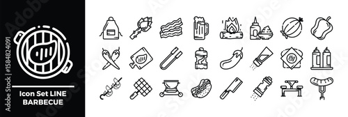 Set of barbecue icons. Line Art Icon Set Representing Various Barbecue Food and Items.